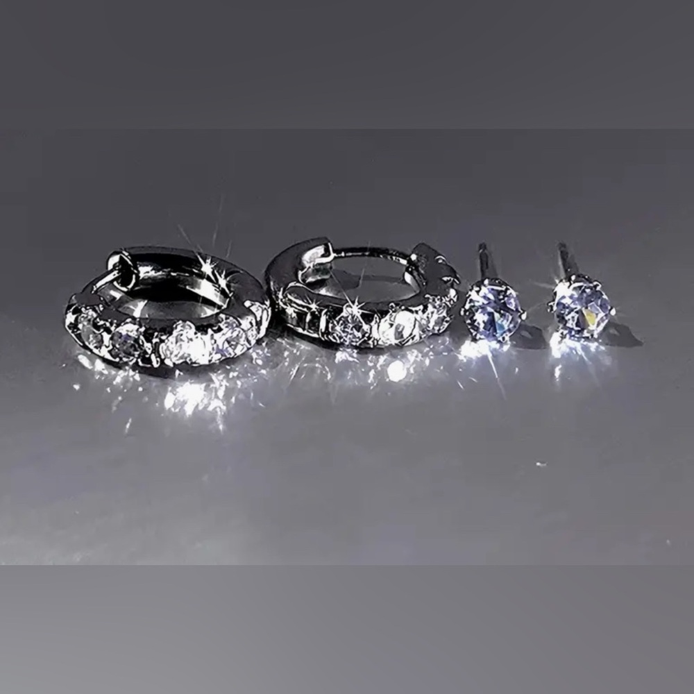 Earrings 2 Pair Set Of Stud & Tiny Hoop Pierced Copper With Zirconia Elegant
